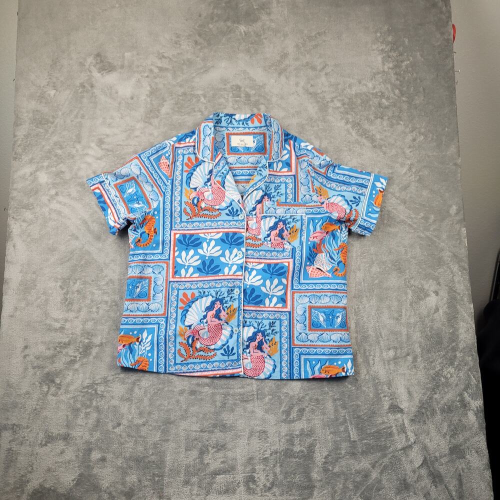 Printfresh Women L Mermaid Pajama Top Blue Organic Cotton Coastal Maximalist PJ